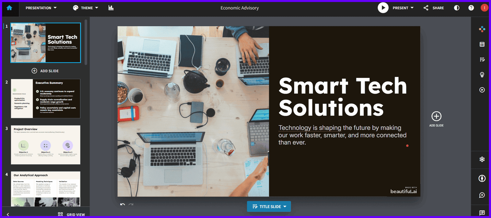 Beautiful.ai smart presentation design interface that automatically adjusts slide layouts